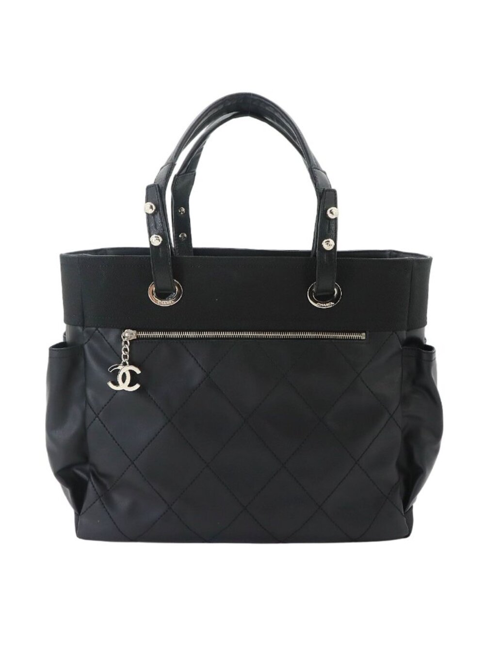 Chanel Paris Biarritz GM Tote Nylon Leather Black